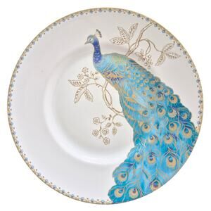 222 Fifth Peacock Garden Plates Set of 4 Salad Lunch Dessert Display Blue Gold